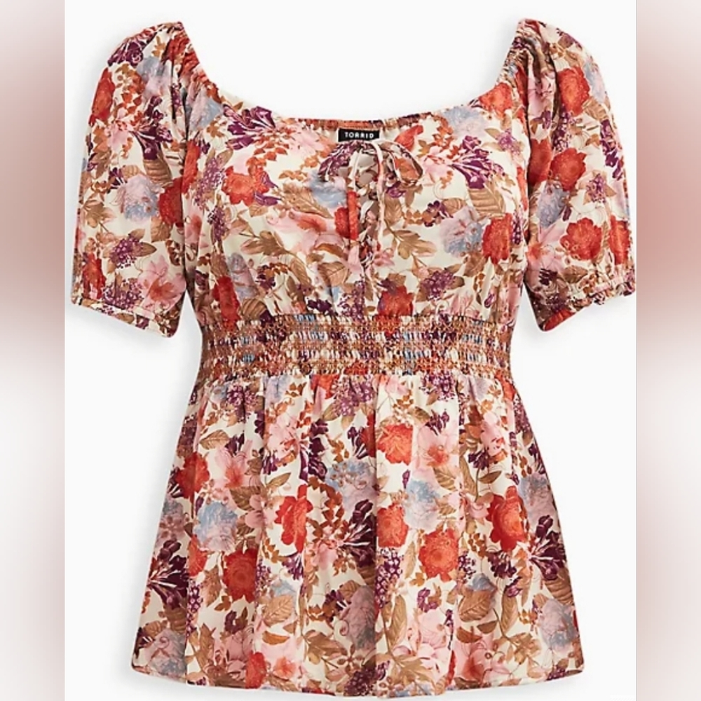 Torrid Georgette Eyelet Smocked Waist Puff Sleeve Top - Picture 2 of 9